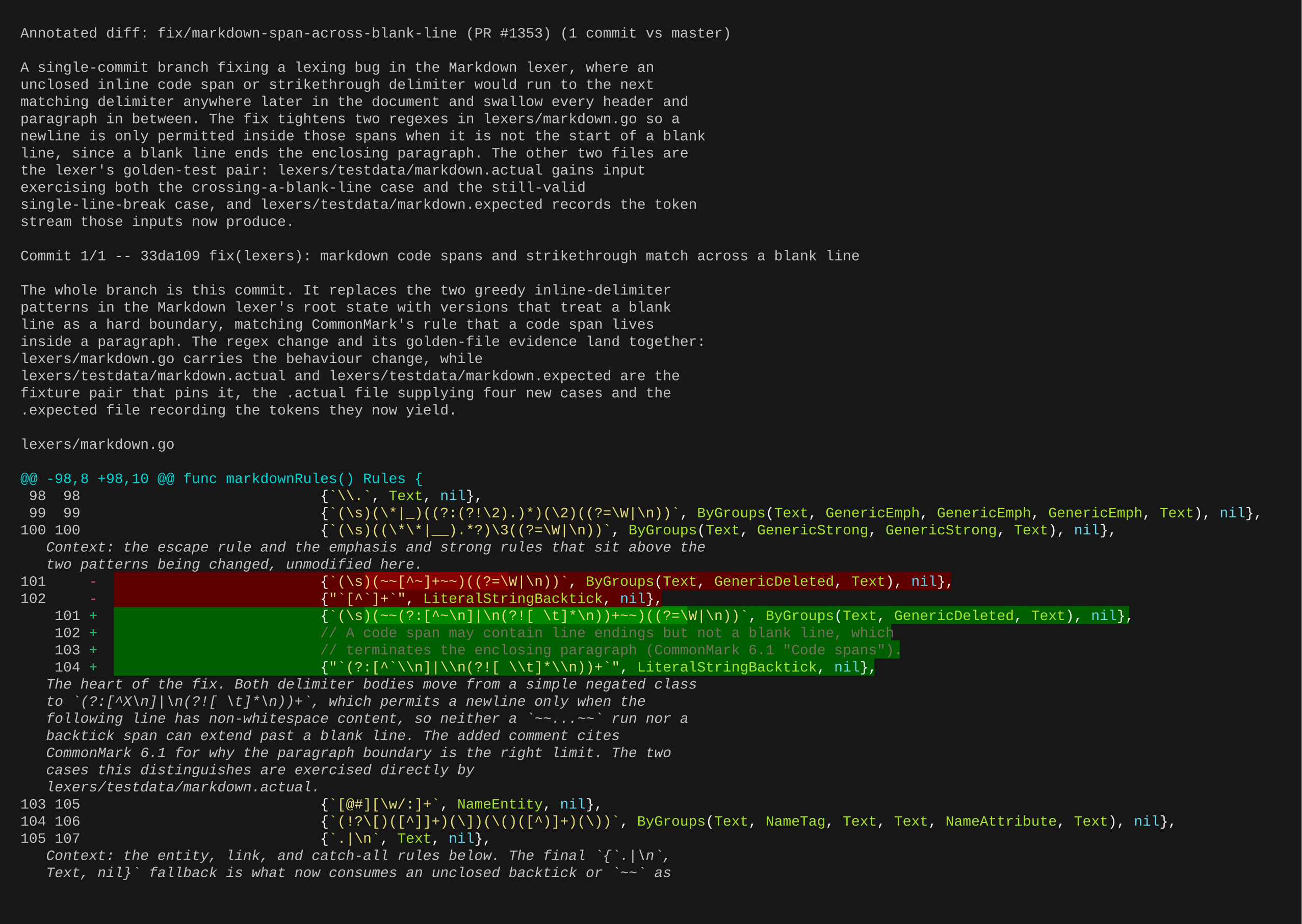 An annotated pull request walkthrough of an upstream chroma PR, with a long hunk split into annotated segments