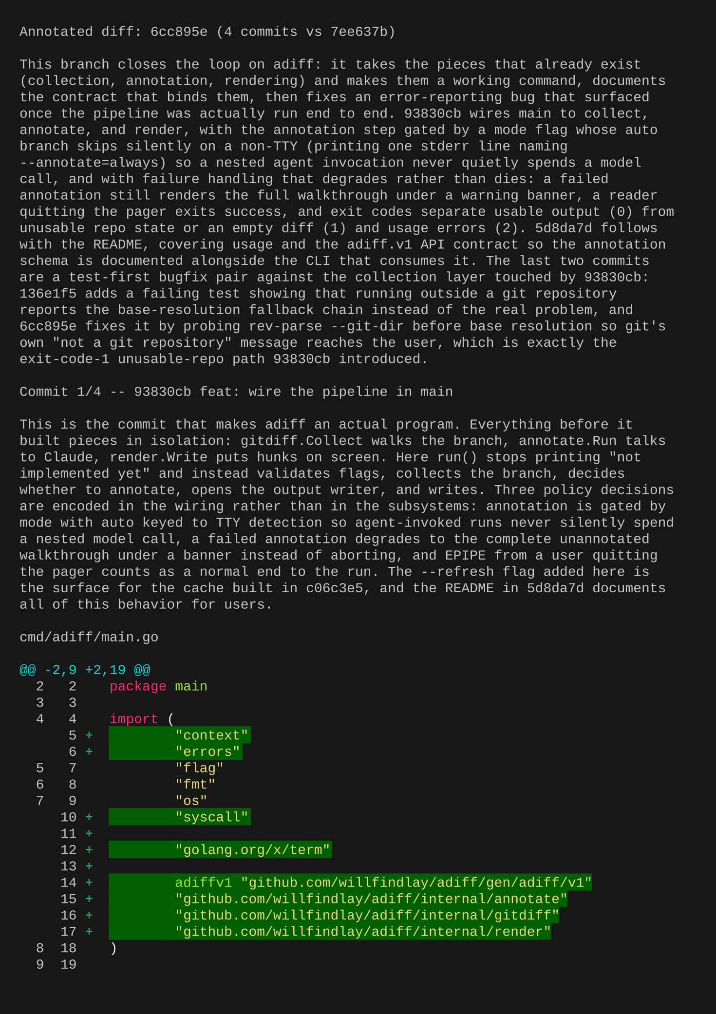 An annotated walkthrough of four adiff commits, showing a branch overview that references commit SHAs, an intent paragraph, and syntax-highlighted hunks with line-number gutters