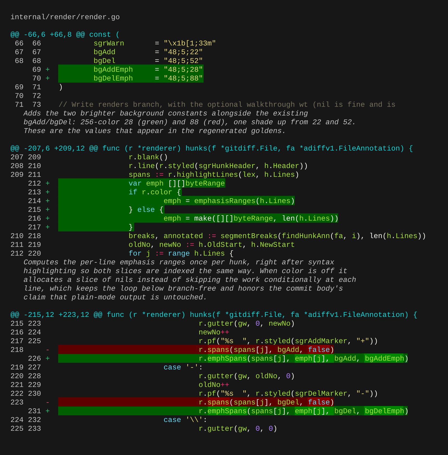 Word-level intra-line highlighting on the commit that introduced the feature, with segment annotations in dim italics beneath the hunks